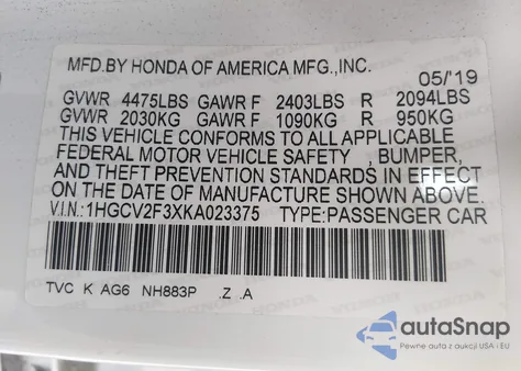 2019 Honda Accord Sport 2.0T z USA, uszkodzony, nr VIN 1HGCV2F3XKA023375